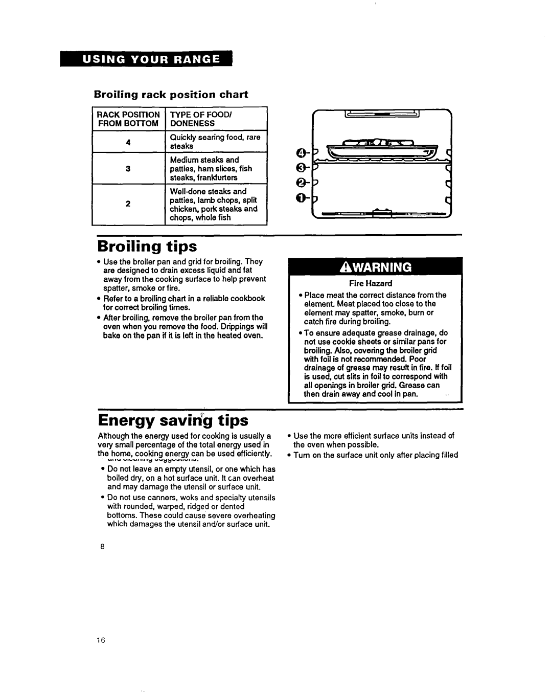 Whirlpool RF376PXY warranty Broiling tips, Energy saviri’g tips, Broiling rack position chart, Type Food Doneness 