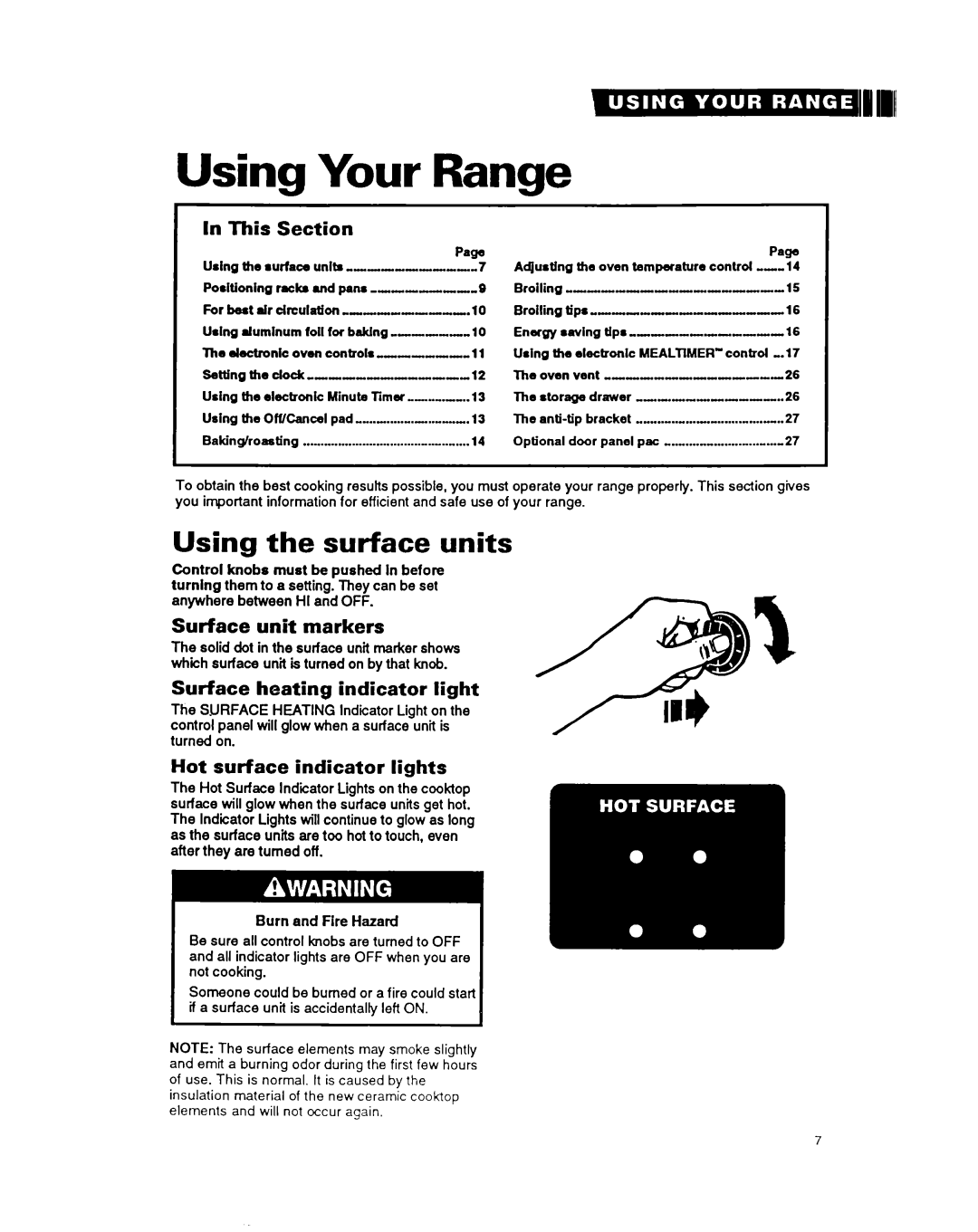 Whirlpool RF376PXY Using the surface units, ’ In This Section, Surface unit markers, Surface heating indicator light 