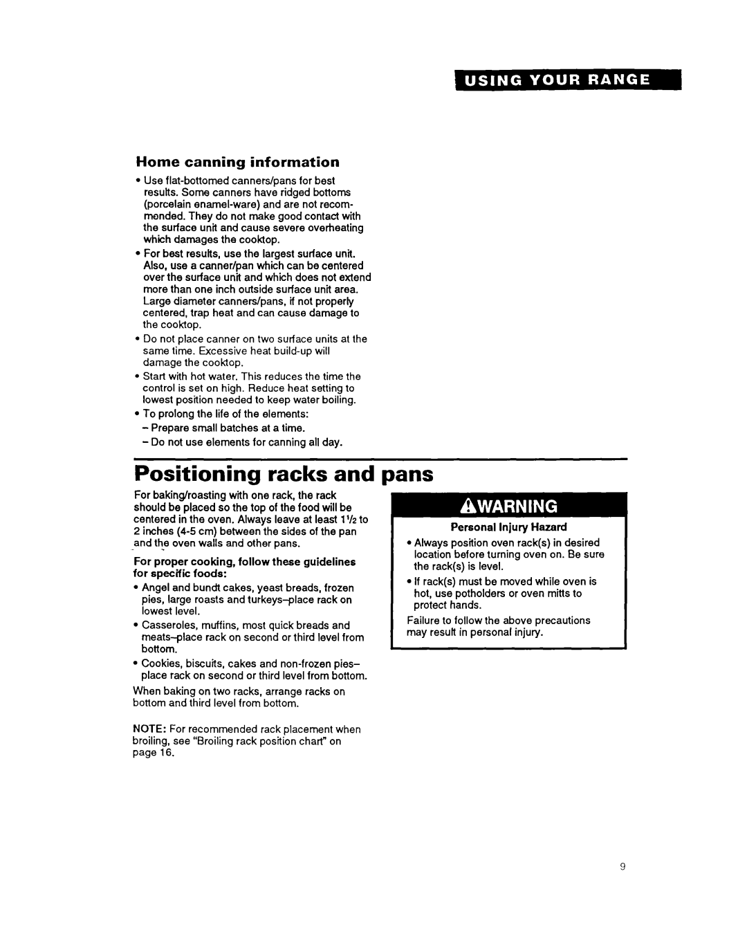 Whirlpool RF376PXY warranty Positioning racks, Pans, Home canning information 