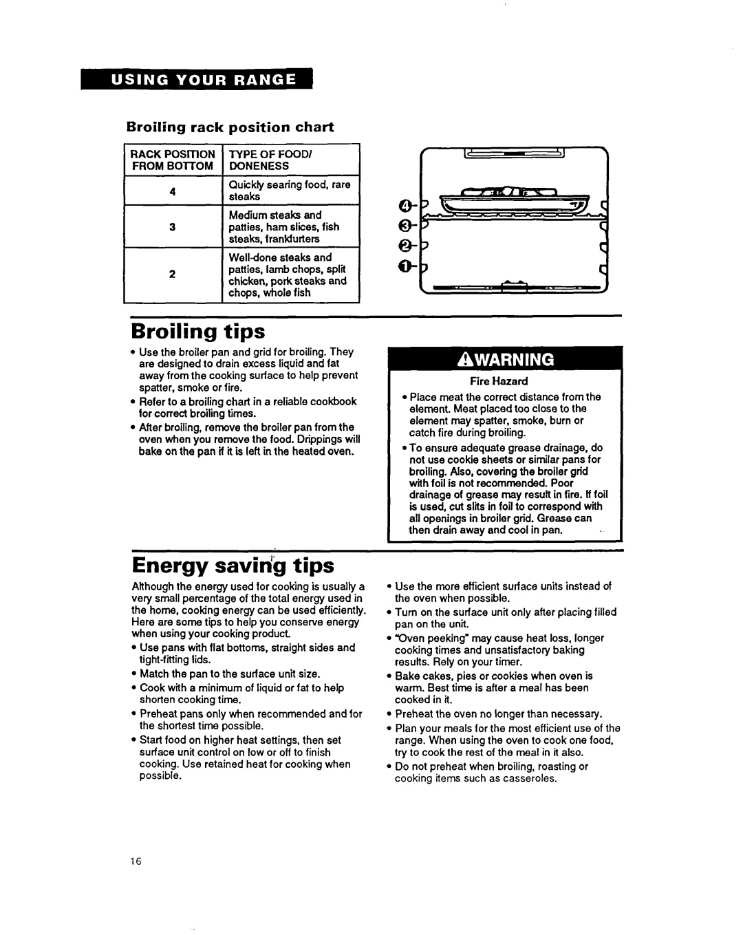 Whirlpool RF376PXY warranty Broiling tips, Energy saviri’g tips, Broiling rack position chart 