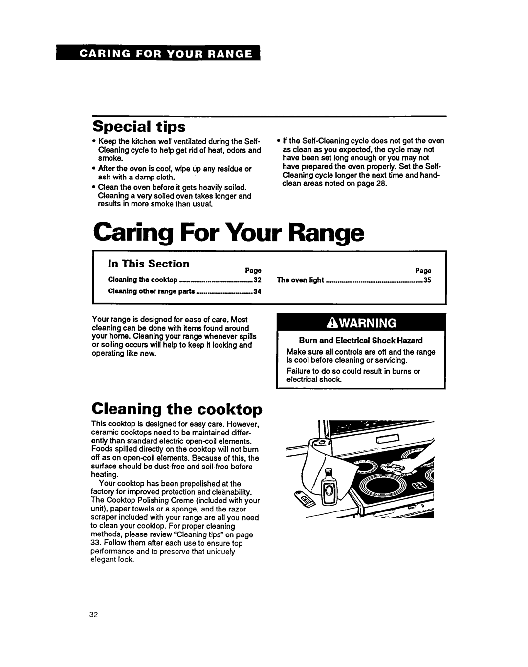 Whirlpool RF376PXY warranty Caring For Your Range, Special tips, Cleaning the cooktop, In This, Section, Page 