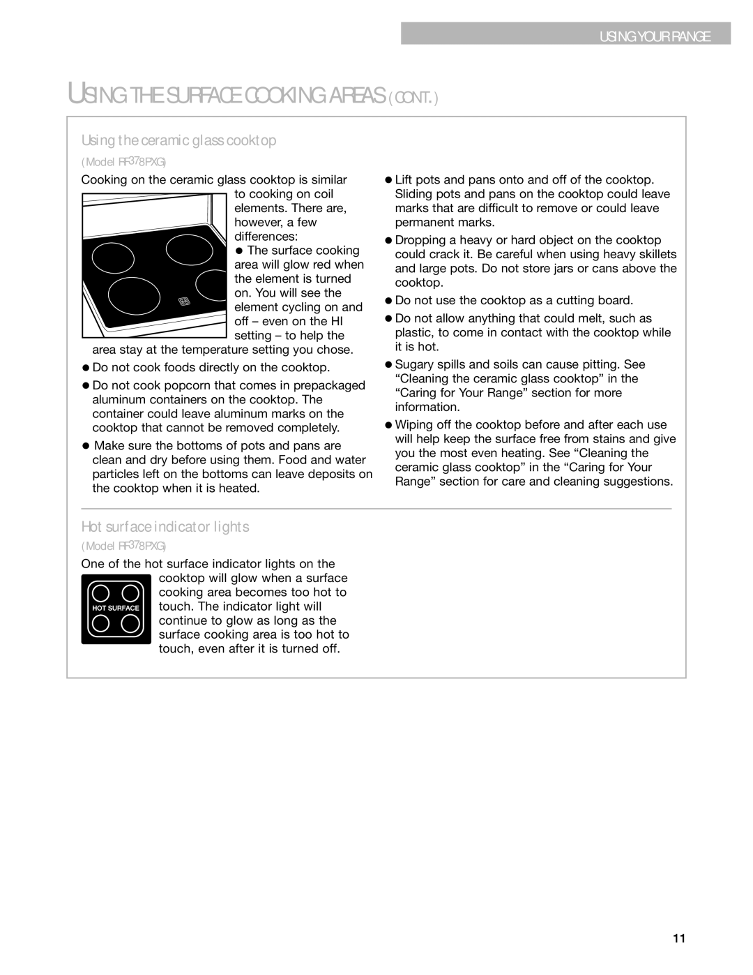 Whirlpool RF378PXG, RF377PXG manual Hot surface indicator lights, Using the ceramic glass cooktop 