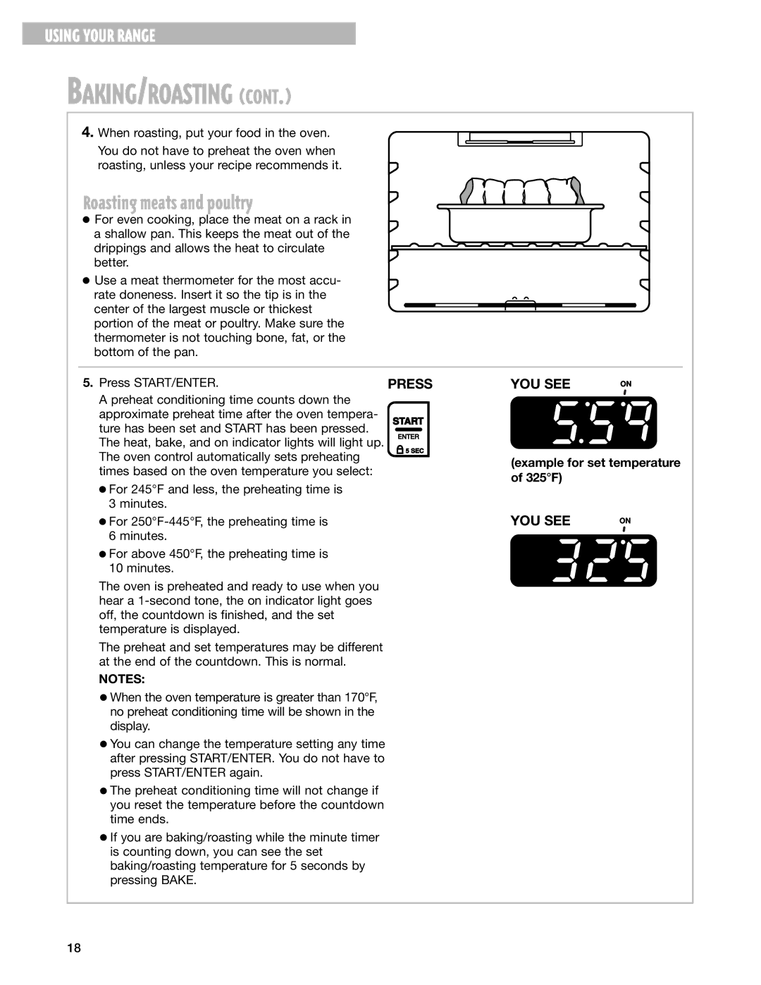 Whirlpool RF377PXG, RF378PXG manual Roasting meats and poultry, Example for set temperature of 325F 