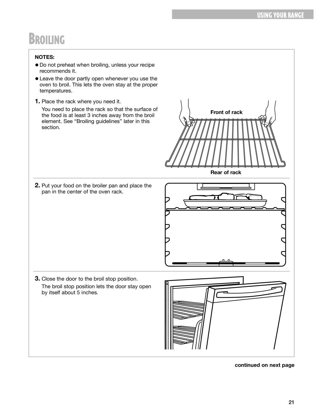 Whirlpool RF378PXG, RF377PXG manual Broiling, Front of rack Rear of rack 