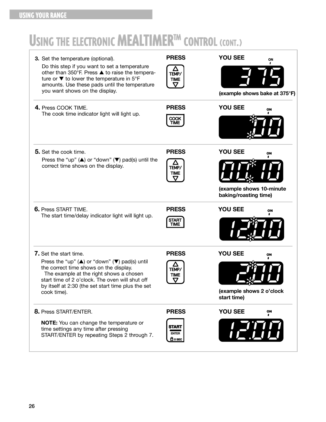 Whirlpool RF377PXG, RF378PXG manual Start time/delay indicator light will light up, Example shows 2 o’clock start time 