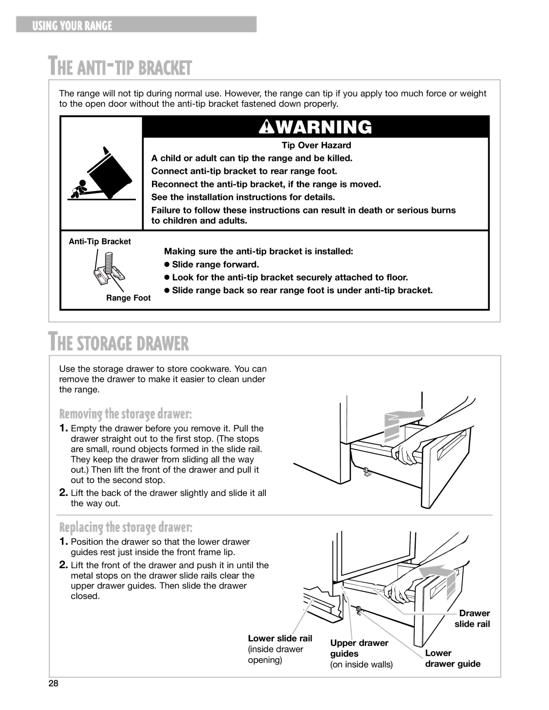 Whirlpool RF377PXG, RF378PXG ANTI-TIP Bracket, Storage Drawer, Removing the storage drawer, Replacing the storage drawer 