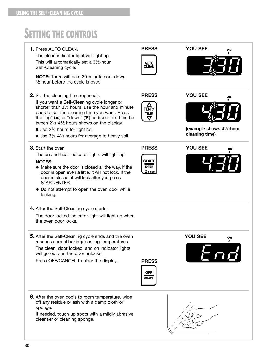 Whirlpool RF377PXG, RF378PXG manual Setting the Controls, Example shows 41⁄2-hour, Cleaning time 