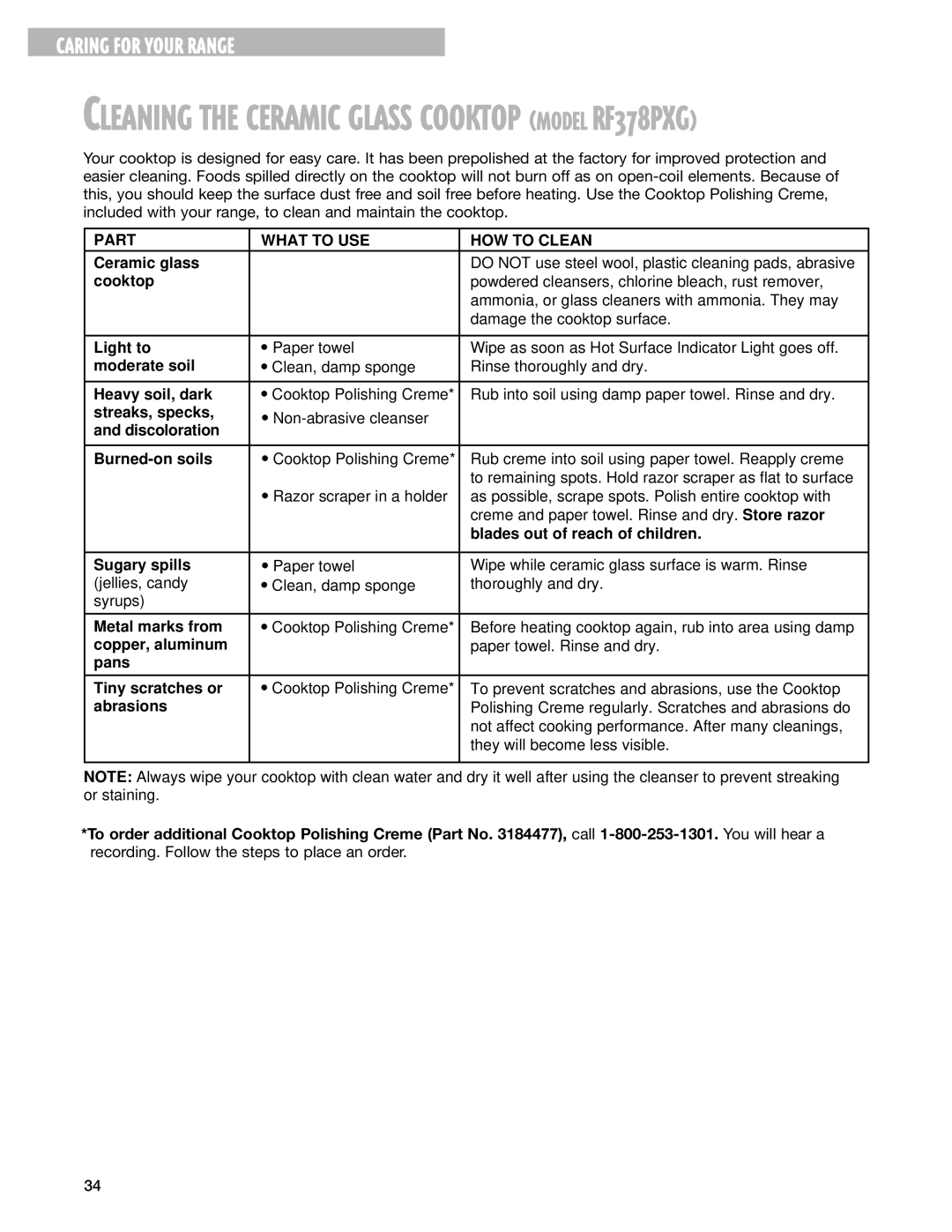 Whirlpool RF377PXG manual Cleaning the Ceramic Glass Cooktop Model RF378PXG 