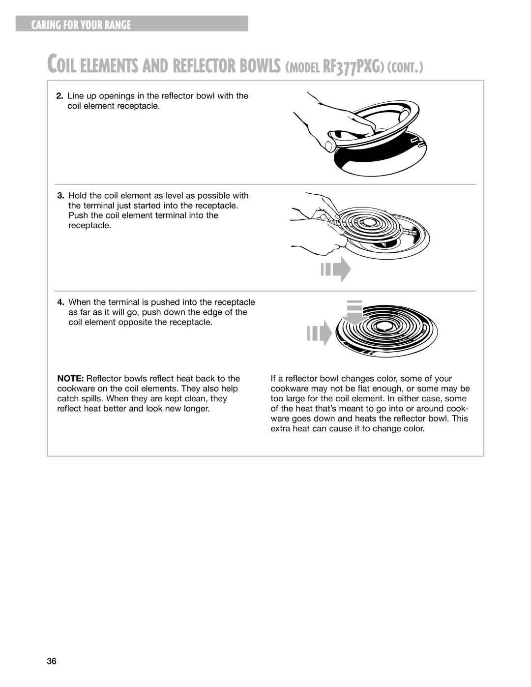 Whirlpool RF378PXG manual Coil Elements and Reflector Bowls Model RF377PXG 