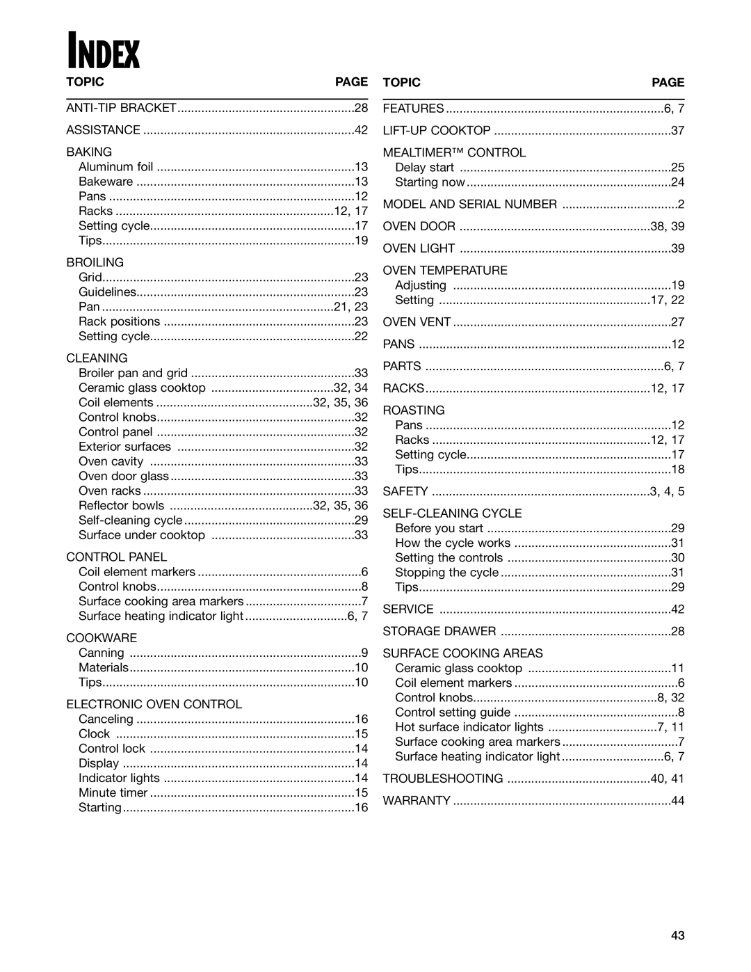 Whirlpool RF378PXG, RF377PXG manual Index, Topic 