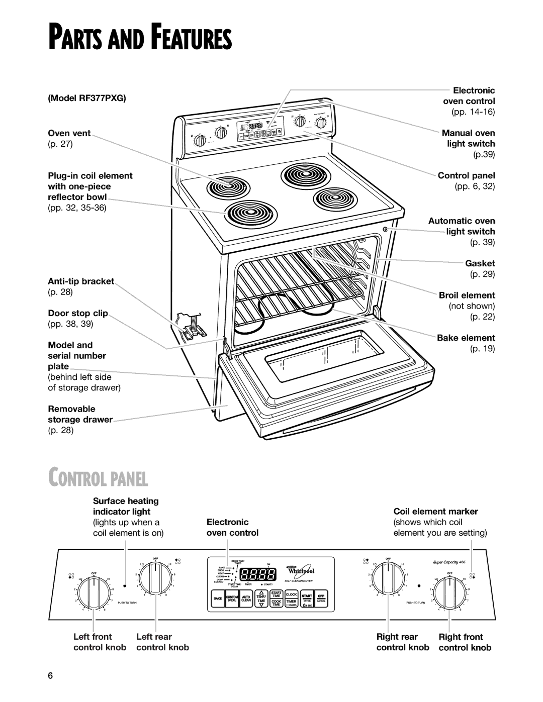 Whirlpool RF377PXG, RF378PXG manual Parts and Features, Control Panel, Removable storage drawer p 