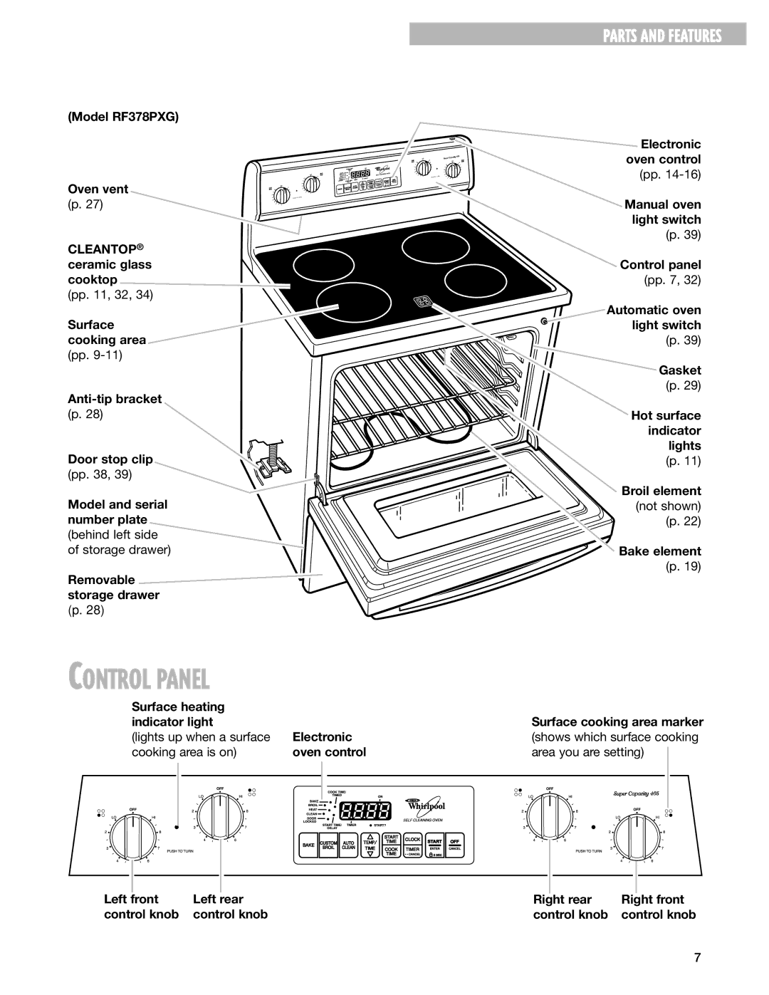 Whirlpool RF377PXG manual Model RF378PXG Oven vent p Cleantop ceramic glass cooktop, Surface heating Indicator light 