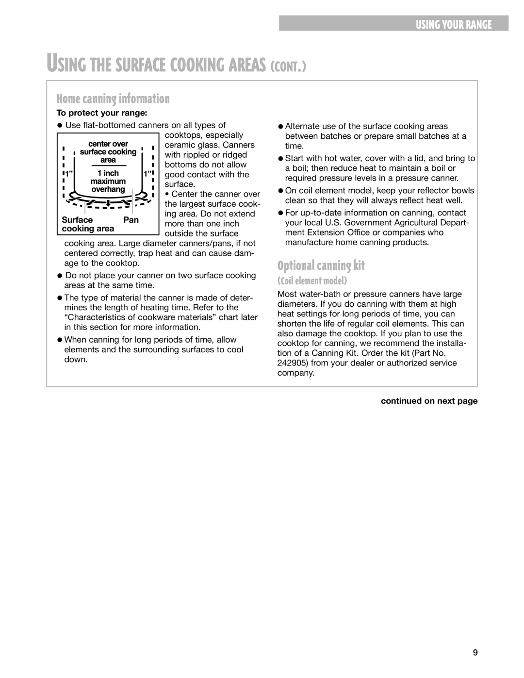 Whirlpool RF378PXG manual Home canning information, Optional canning kit, To protect your range, Surface Pan, Cooking area 