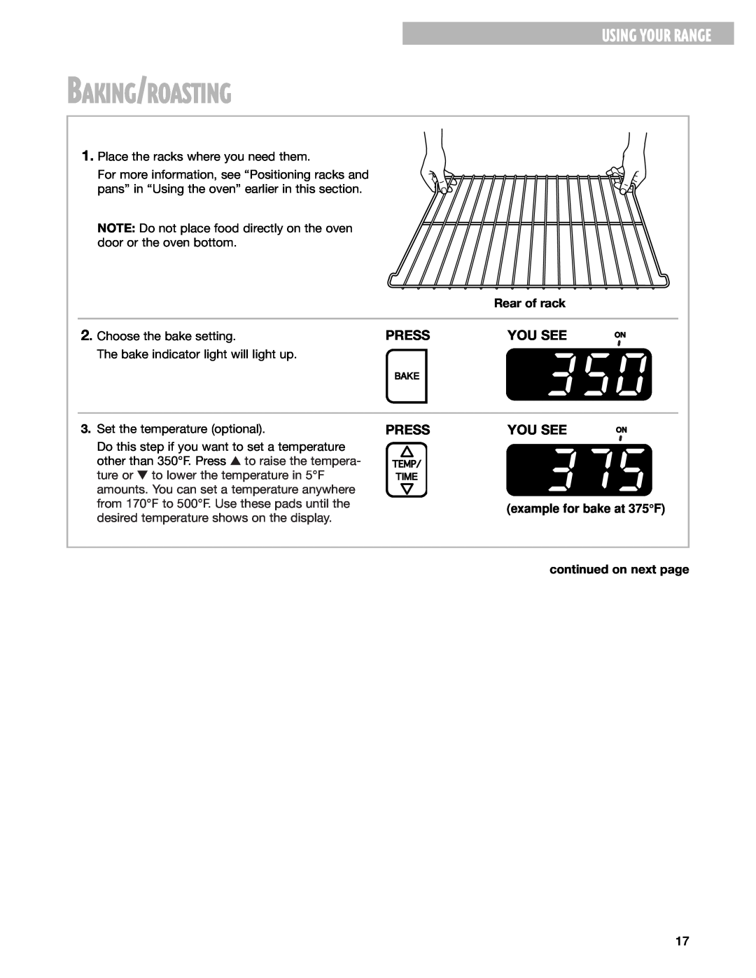 Whirlpool RF378PXG, RF377PXG Baking/Roasting, Using Your Range, Press, You See, Rear of rack, example for bake at 375F 