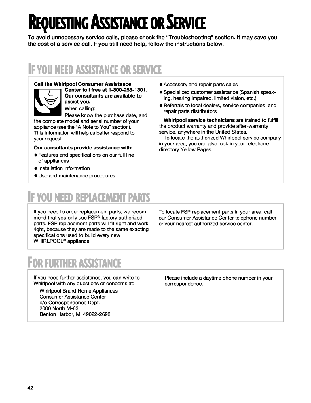 Whirlpool RF377PXG, RF378PXG manual If You Need Assistance Or Service, If You Need Replacement Parts, For Further Assistance 