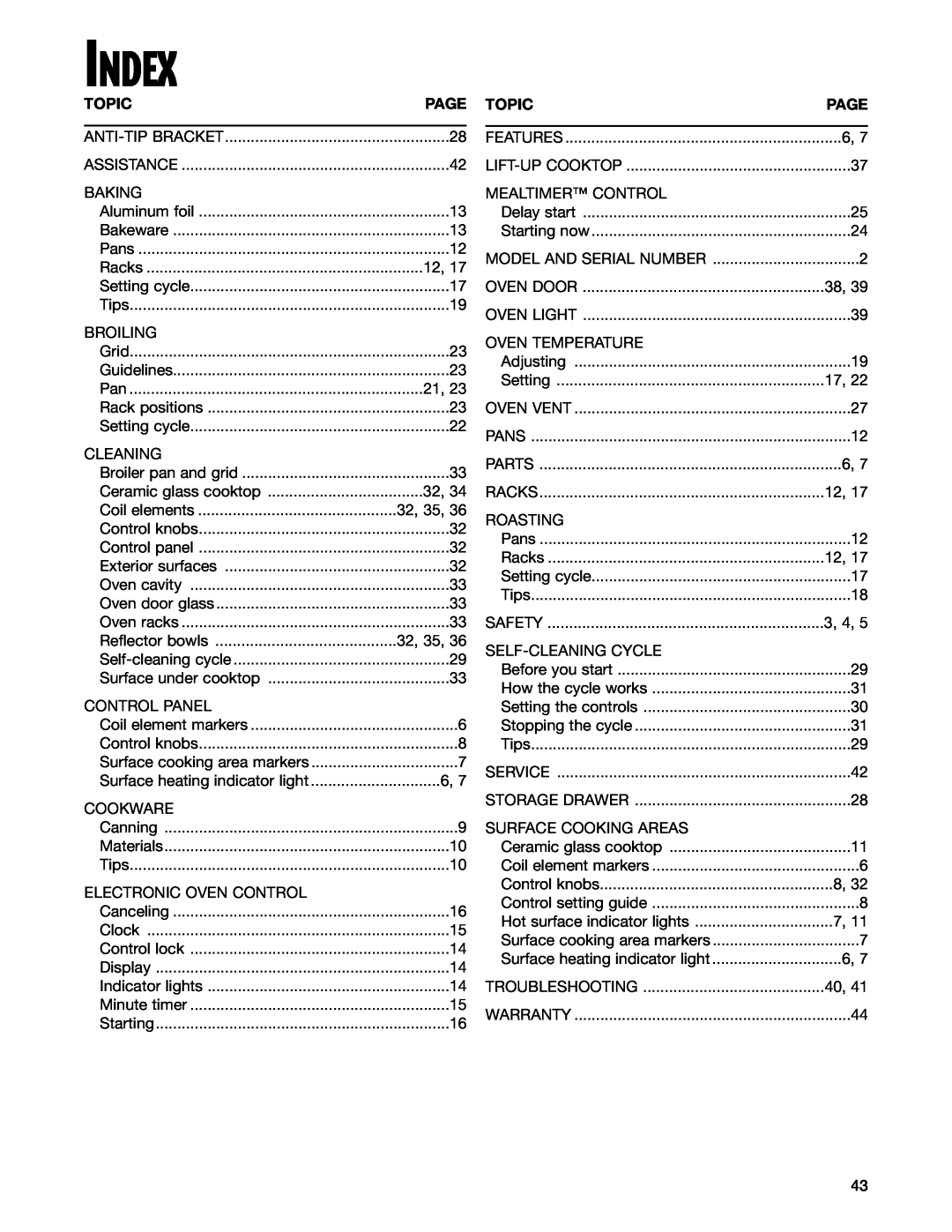 Whirlpool RF378PXG, RF377PXG manual Index, Topic, Page 