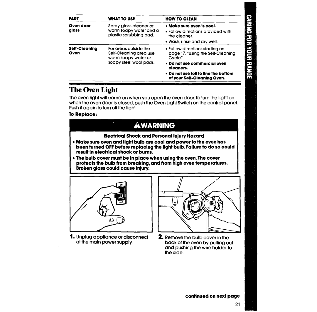 Whirlpool RF377PXV manual Oven Light, HOW to Clean 