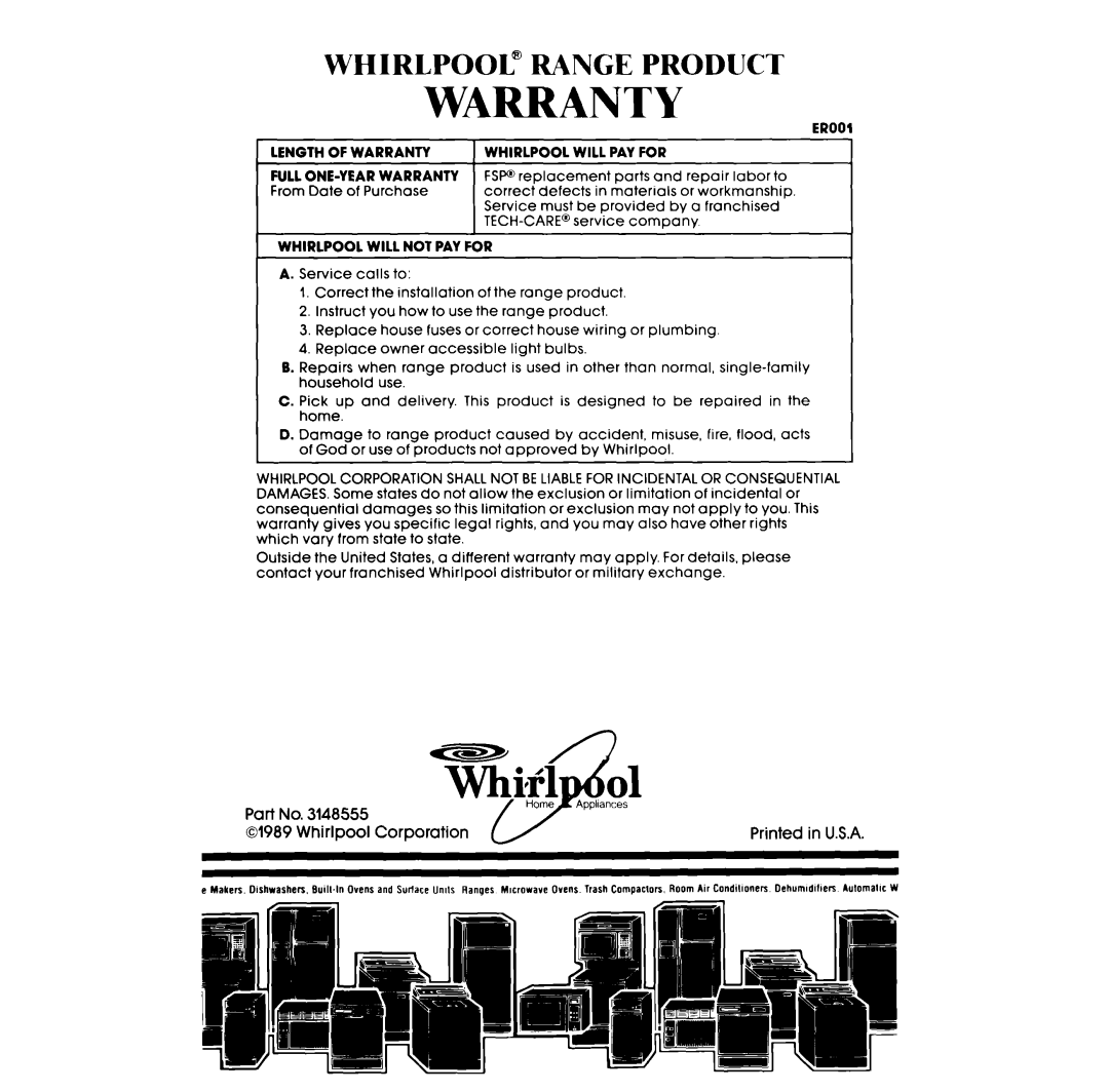 Whirlpool RF377PXV manual Warranty 