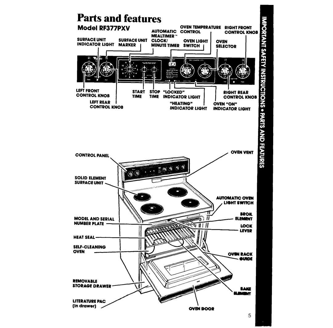 Whirlpool manual Parts and features, Model RF377PXV 