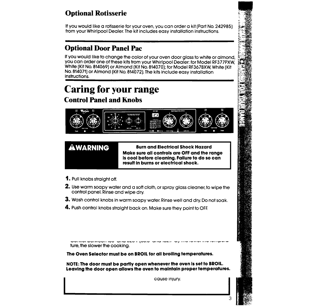 Whirlpool RF367BXW, RF377PXW manual Optional Rotisserie, Optional Door Panel Pat, Control Panel and Knobs 