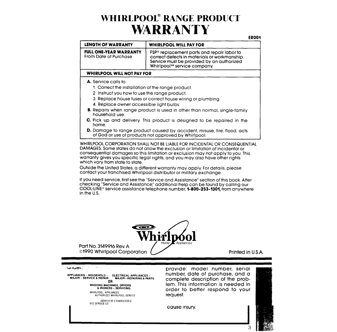 Whirlpool RF377PXW, RF367BXW manual Warranty 