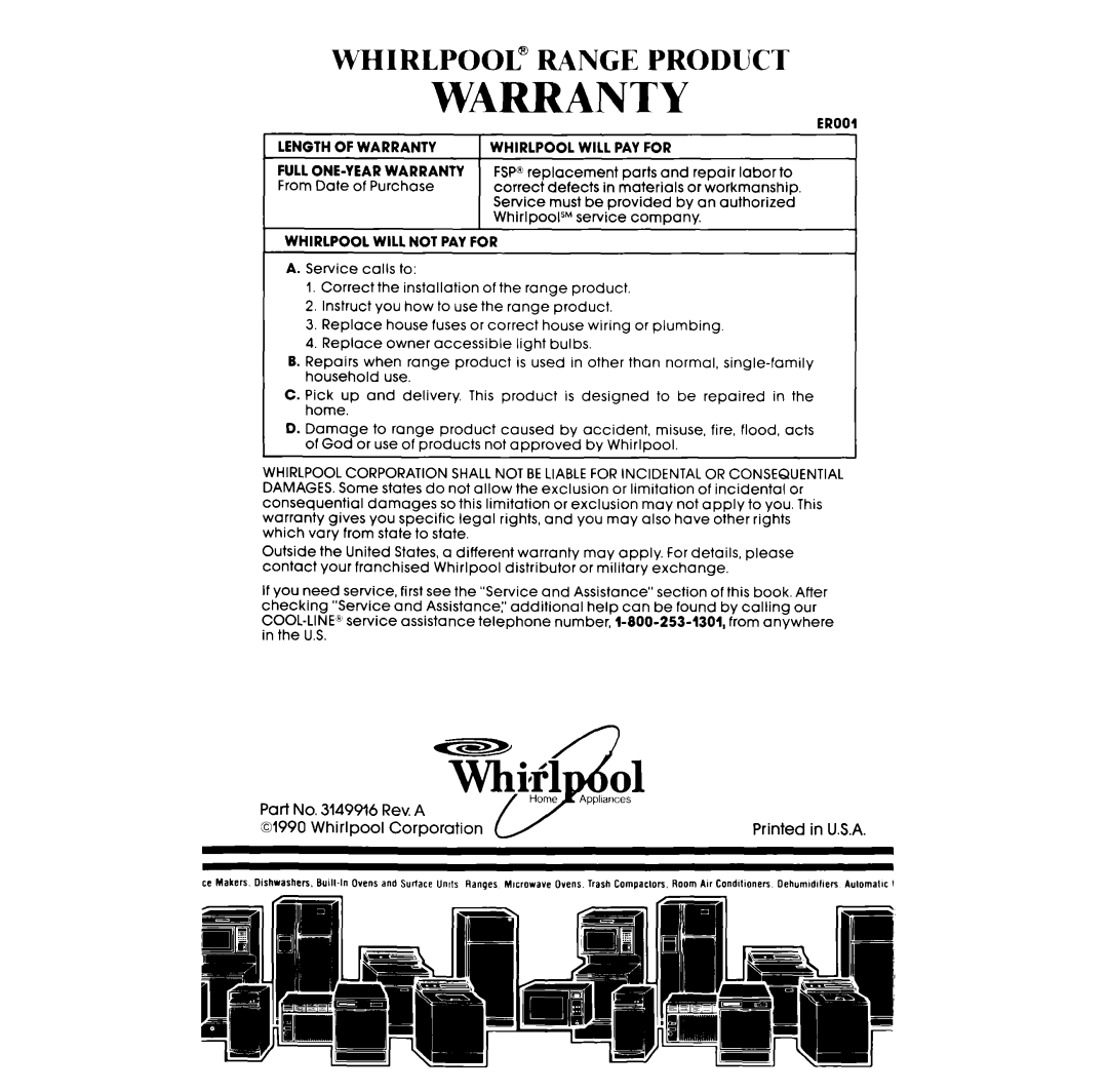 Whirlpool RF377PXW, RF367BXW manual Warranty, Whirlpool” Range Product 