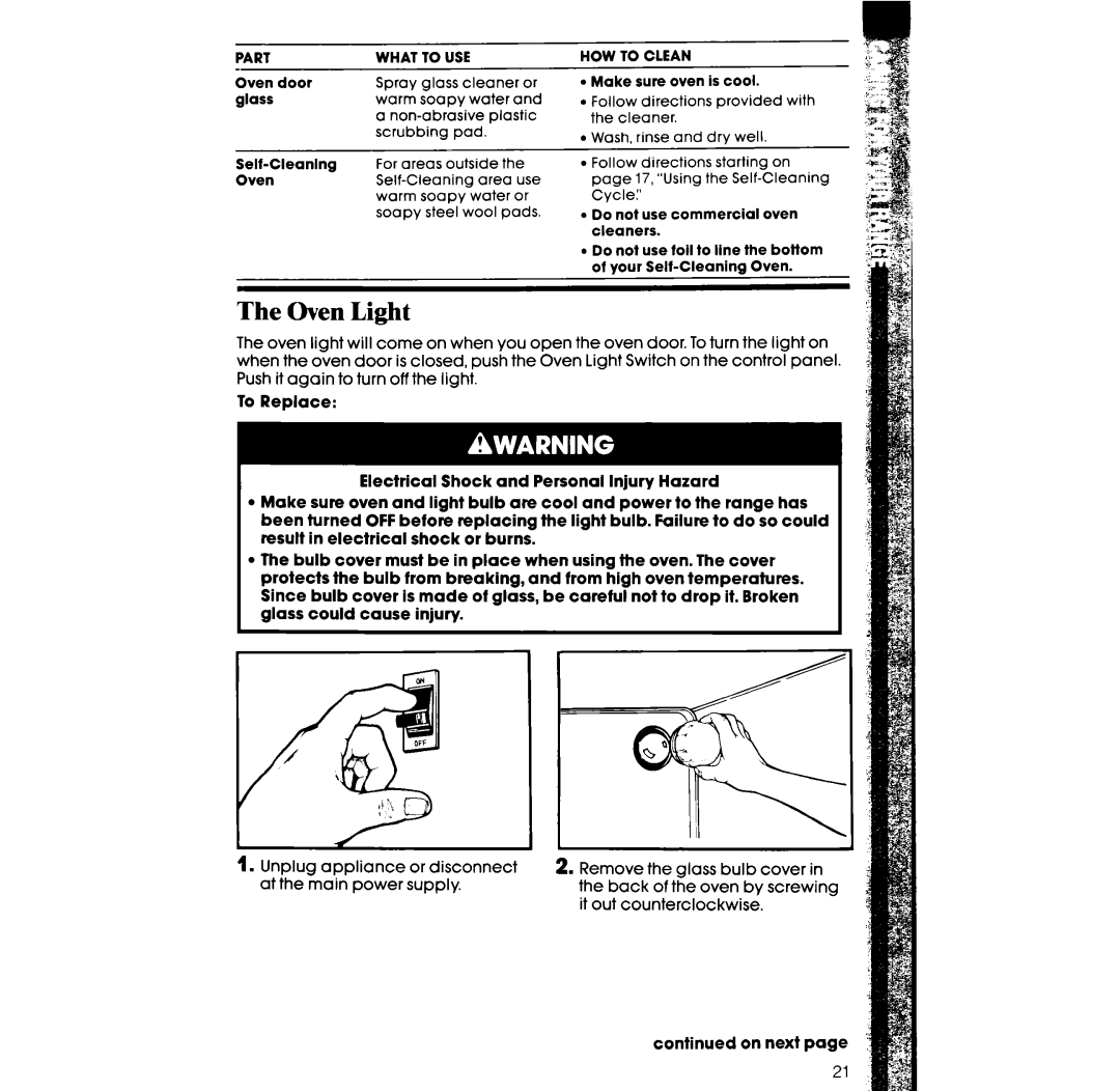 Whirlpool RF377PXX manual Oven Light, Part What To USE 