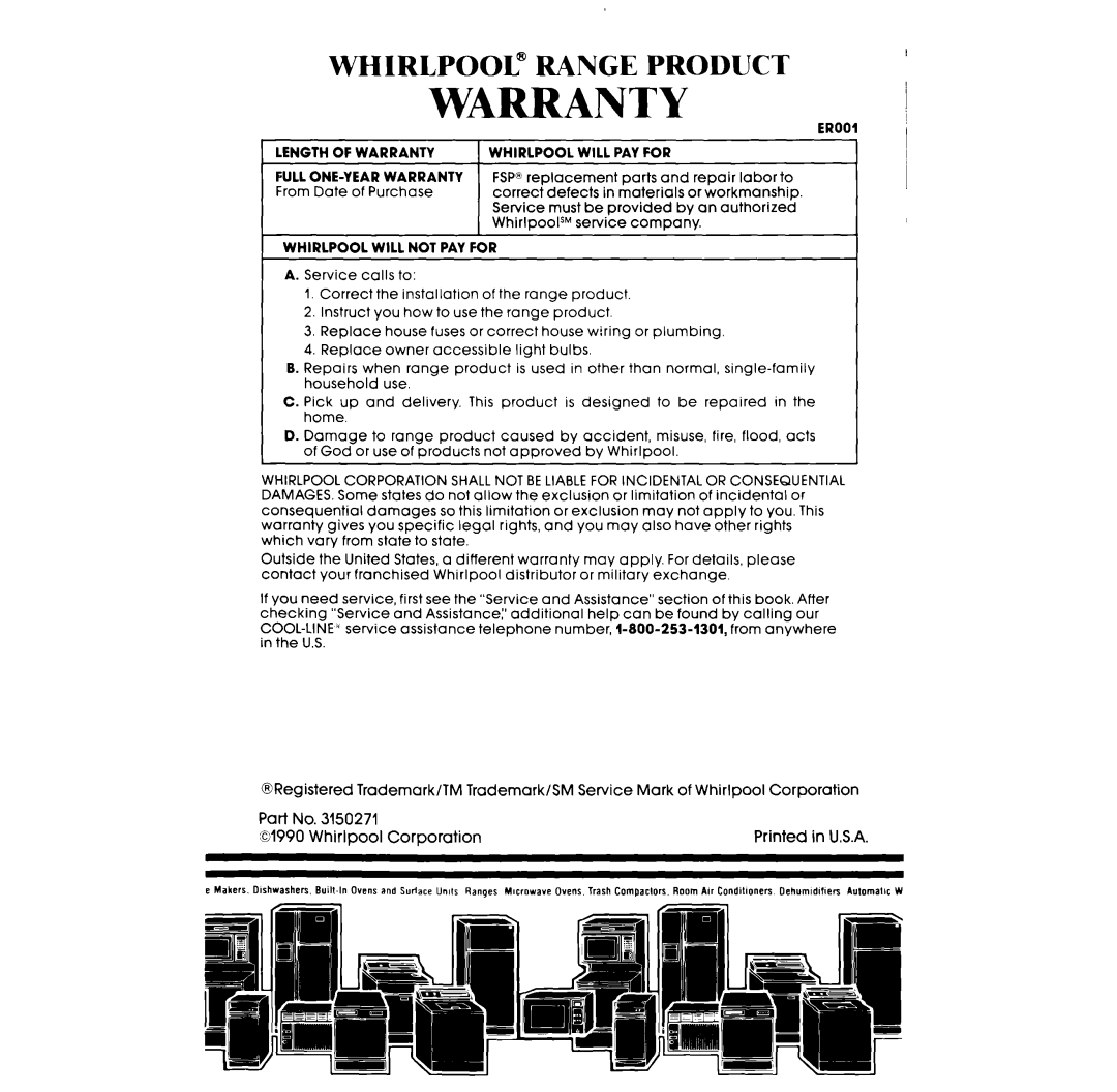 Whirlpool RF377PXX manual Warranty 