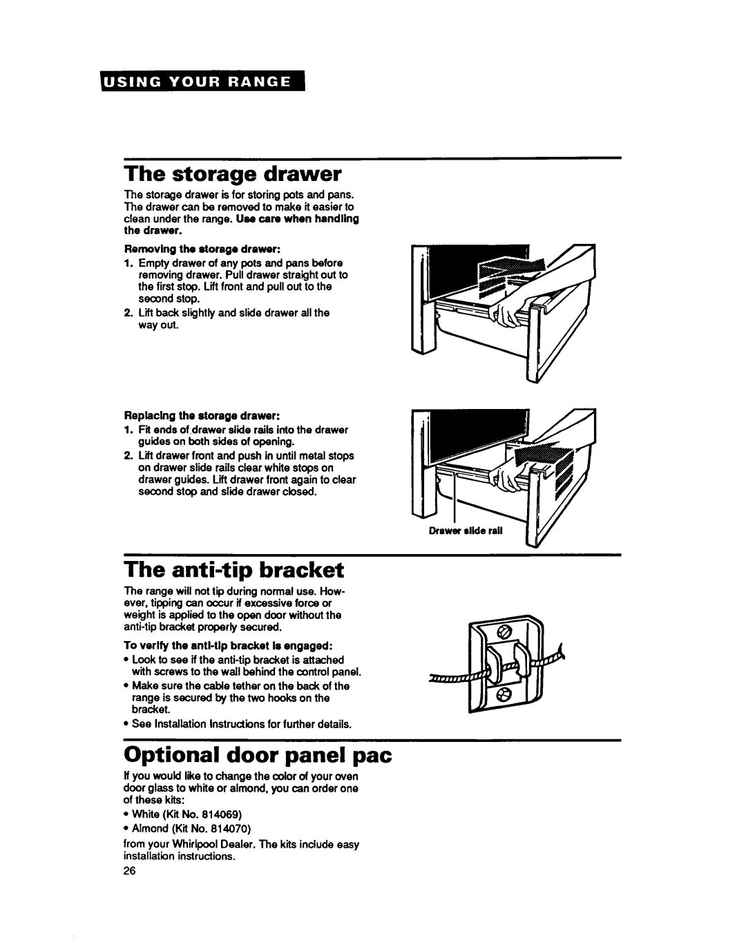 Whirlpool RF377PXY important safety instructions Storage drawer, Anti-tip bracket, Optional door panel pat 