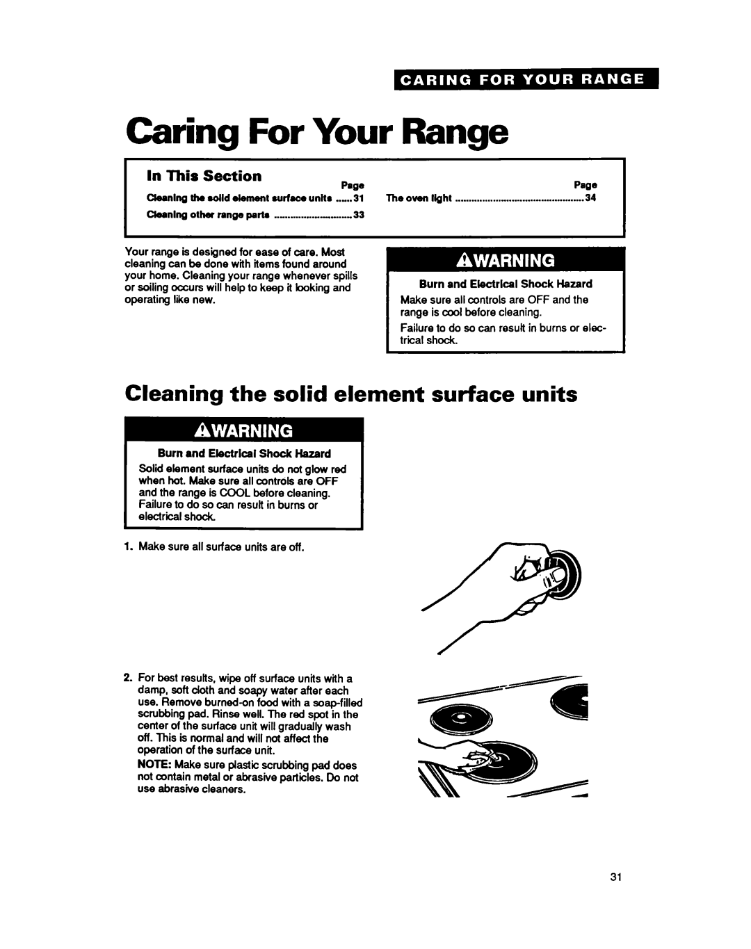 Whirlpool RF377PXY important safety instructions Caring For Your Range, Cleaning the solid element surface units 