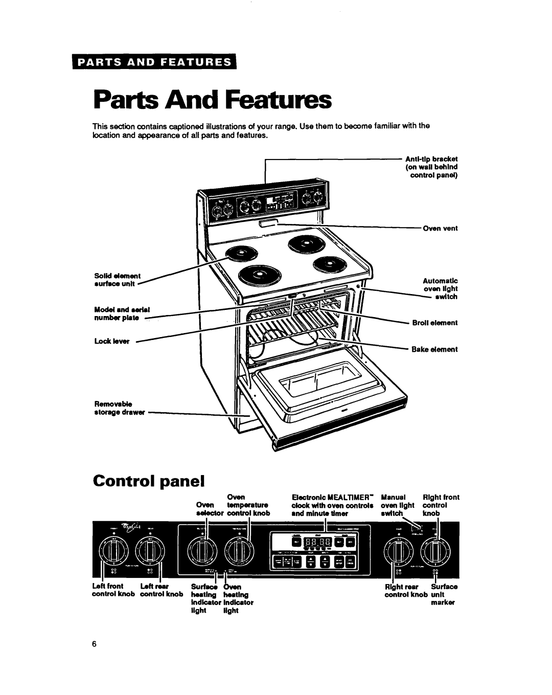 Whirlpool RF377PXY important safety instructions Parts And Features, Control panel 