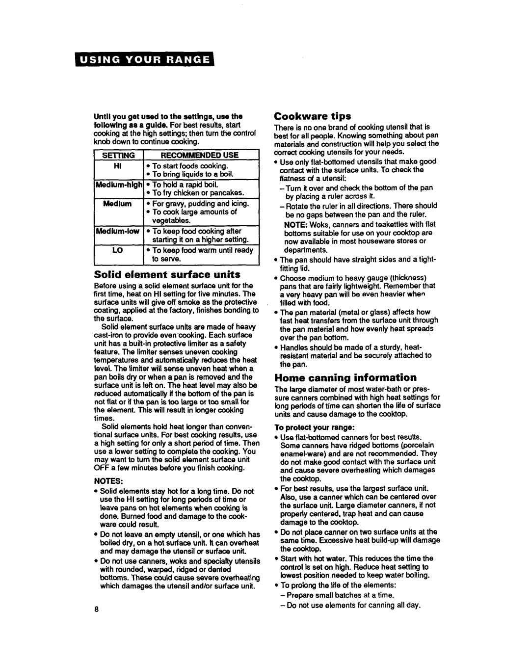 Whirlpool RF377PXY important safety instructions Solid element surface units, Cookware tips, Home canning information 