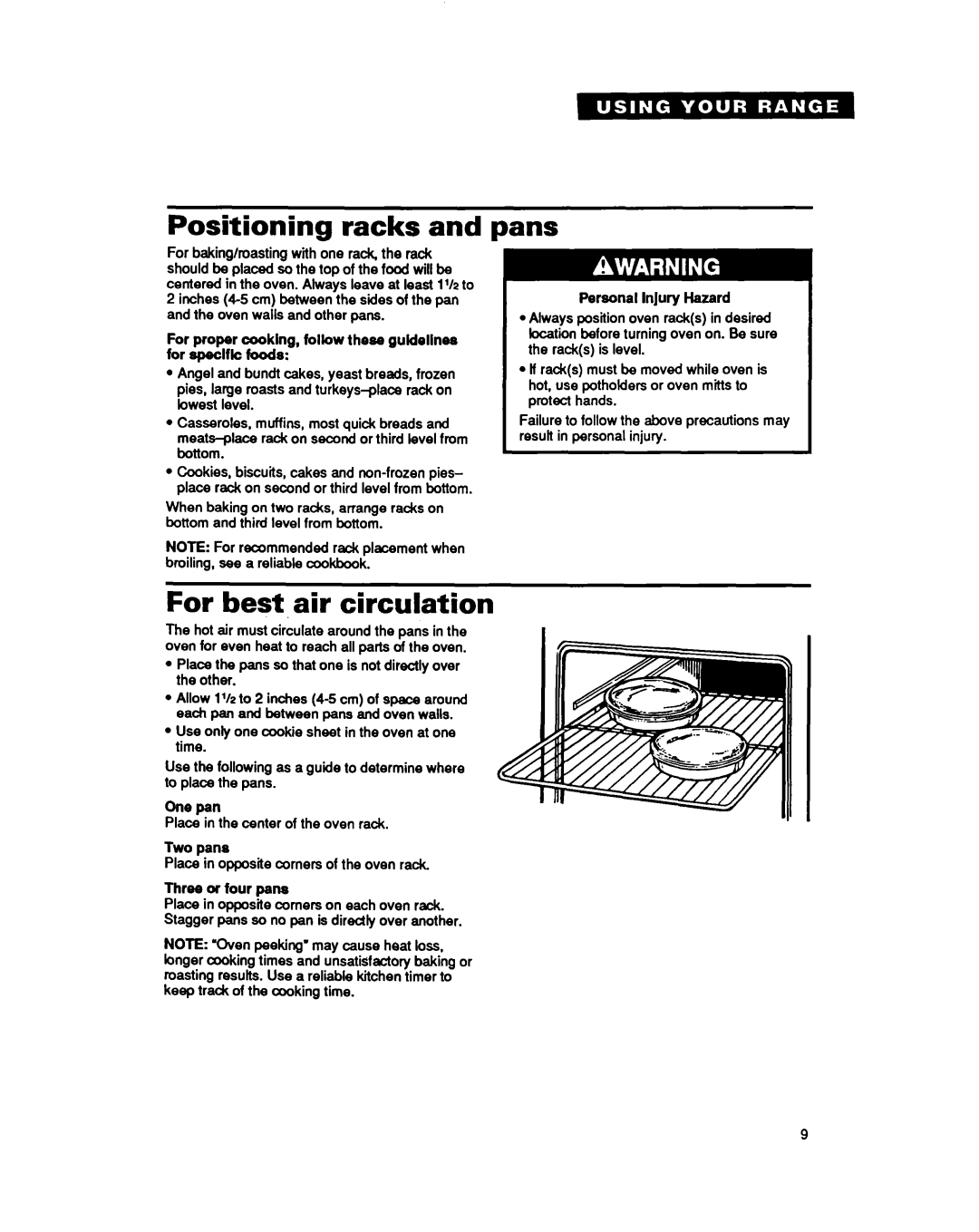 Whirlpool RF377PXY important safety instructions Positioning racks, For best air circulation, Pans 