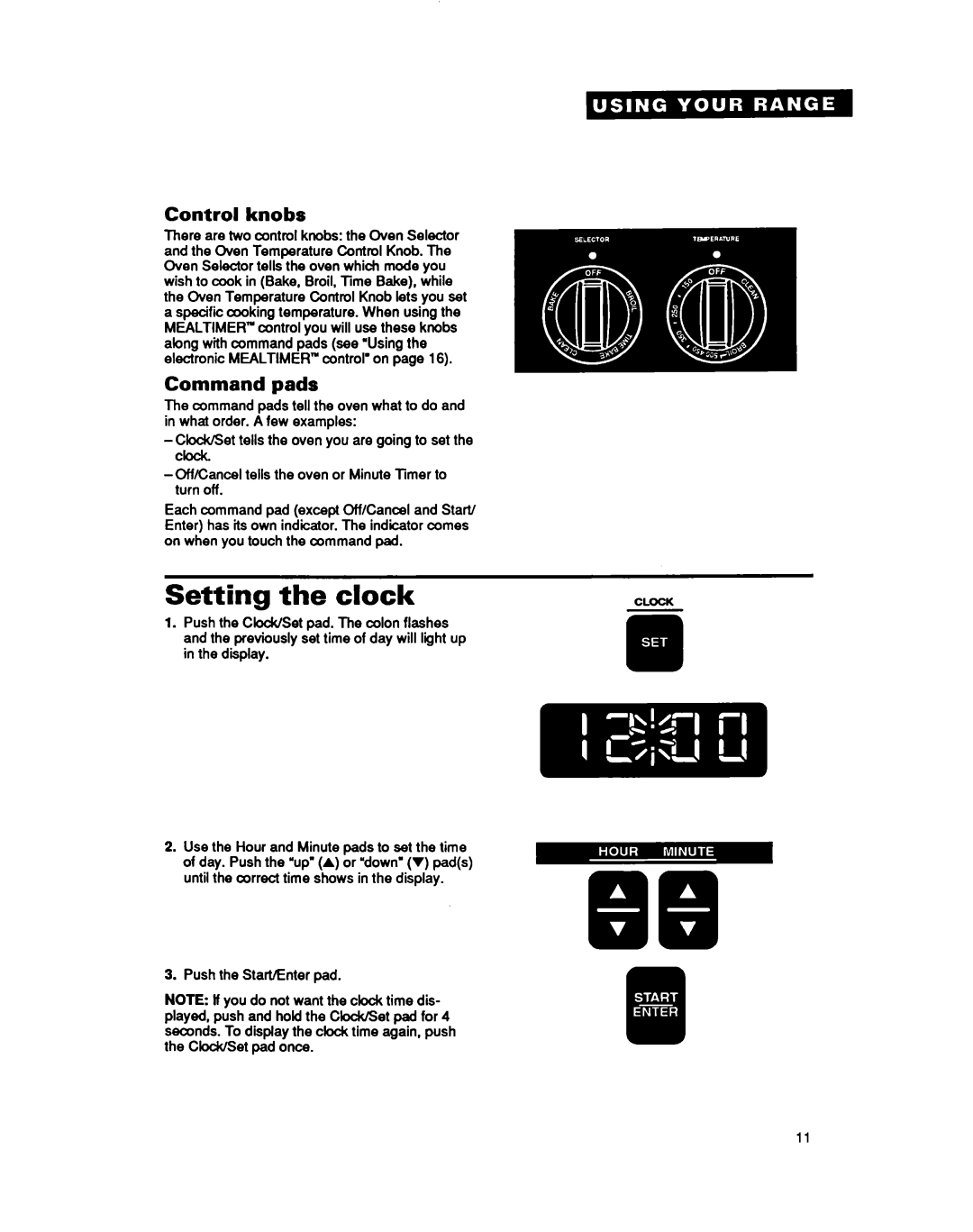 Whirlpool RF377PXY important safety instructions Setting the clock, Control knobs, Command pads 