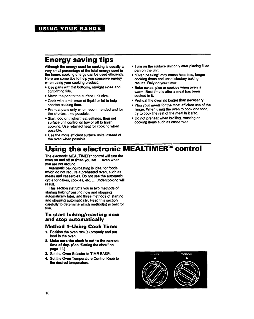 Whirlpool RF377PXY Energy saving tips, Using the elbctkotiic MEALTIMER” control, Method l-UsingCook Time 