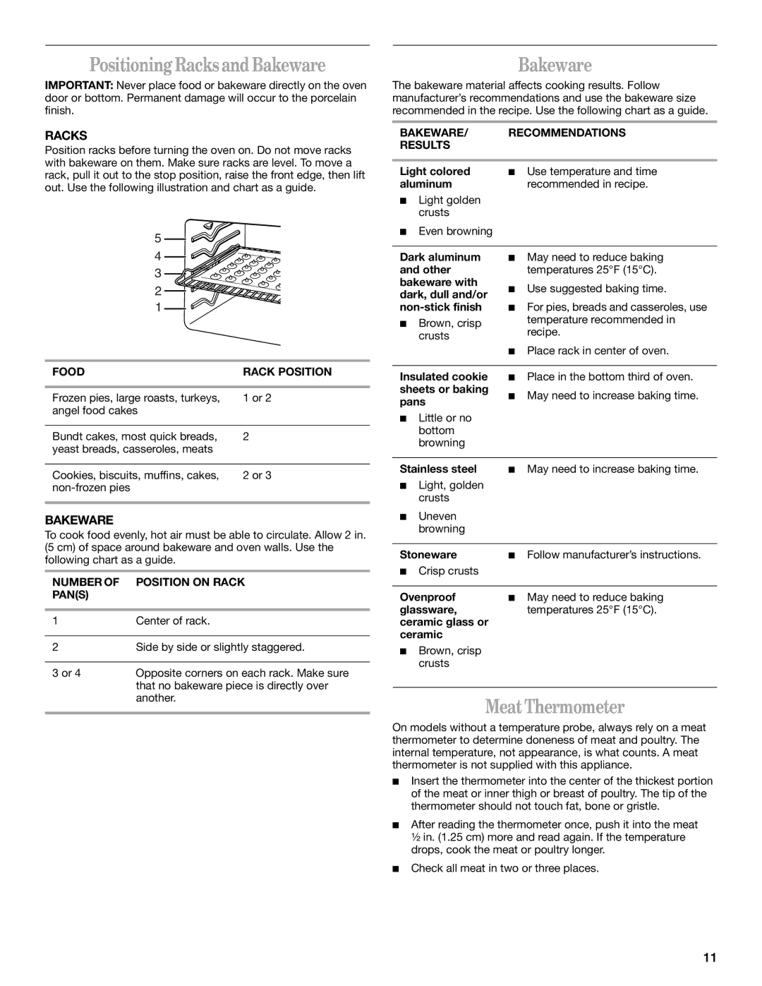 Whirlpool F378LXK, RF380LXK, RF379LXK manual Positioning Racks and Bakeware, Meat Thermometer 