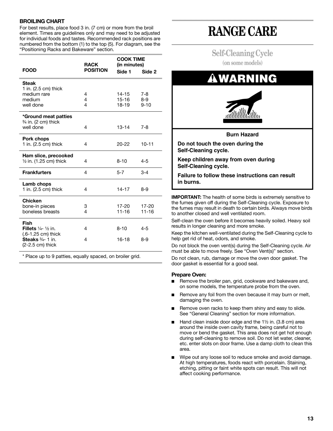 Whirlpool RF379LXK, RF380LXK, F378LXK manual Range Care, Self-Cleaning Cycle, Prepare Oven 