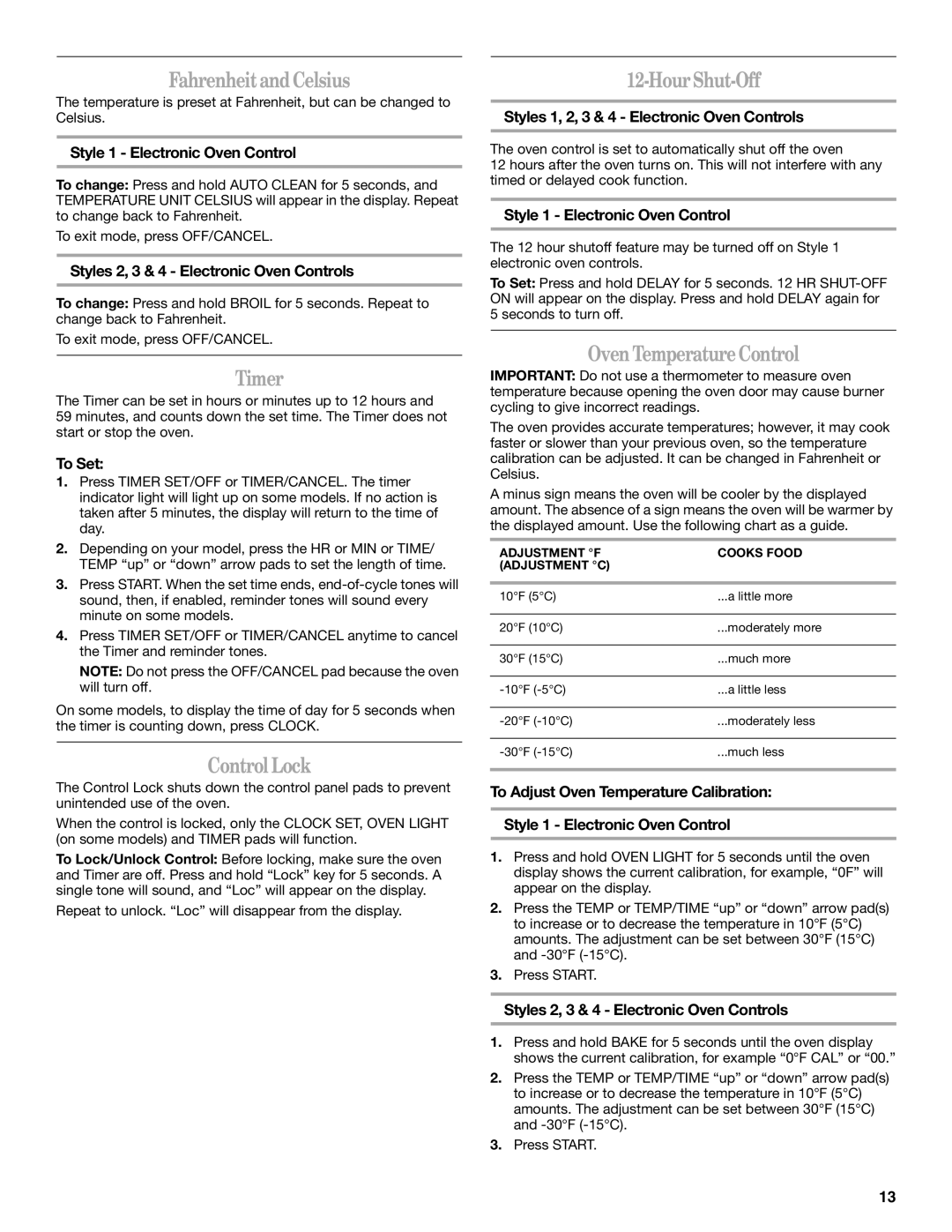 Whirlpool RF380LXPB3 manual FahrenheitandCelsius, Timer, Control Lock, HourShut-Off, Oven TemperatureControl 