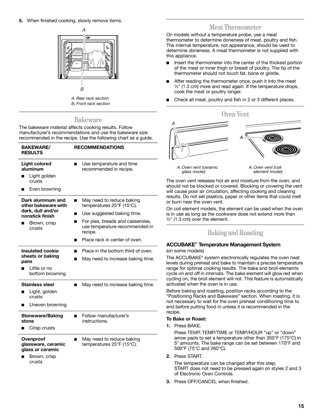 Whirlpool RF380LXPB3 manual Bakeware, MeatThermometer, Oven Vent, BakingandRoasting, Accubake Temperature Management System 