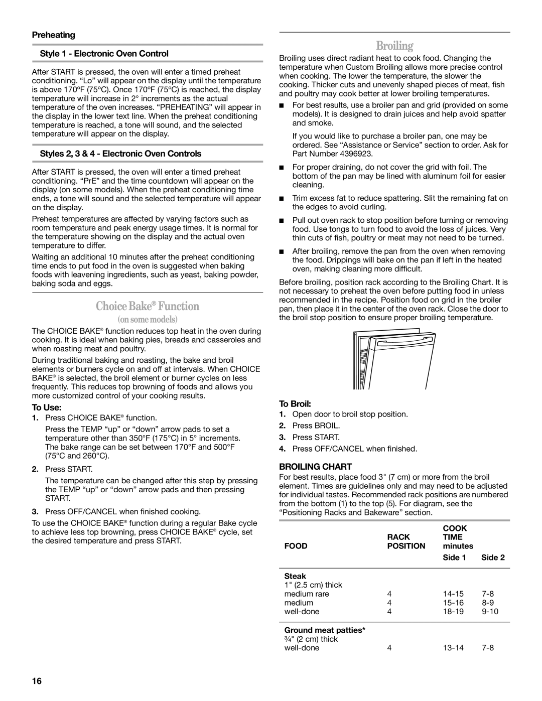 Whirlpool RF380LXPB3 manual ChoiceBake Function, Preheating Style 1 Electronic Oven Control, To Broil, Broiling Chart 