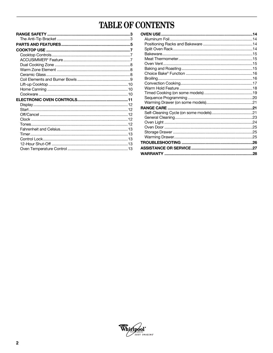 Whirlpool RF380LXPB3 manual Table of Contents 