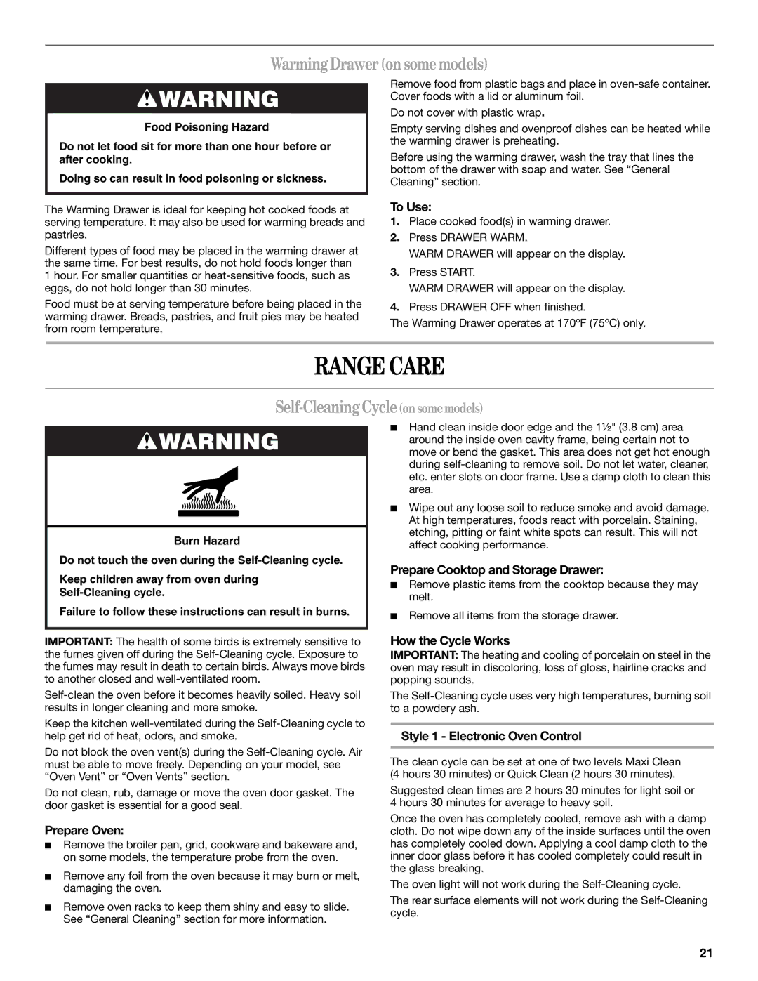 Whirlpool RF380LXPB3 manual Range Care, WarmingDraweronsomemodels, Self-CleaningCycleonsomemodels 