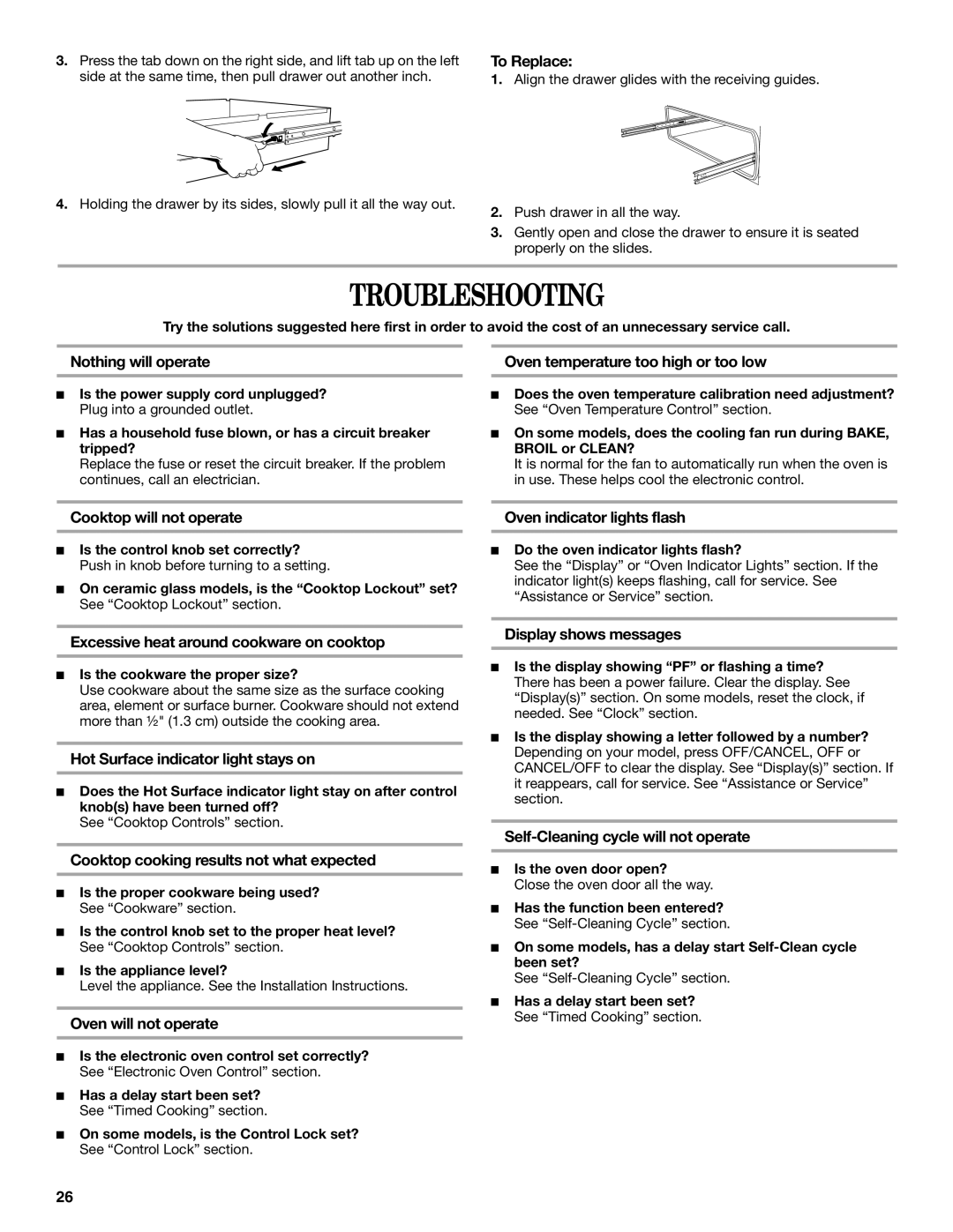 Whirlpool RF380LXPB3 manual Troubleshooting 