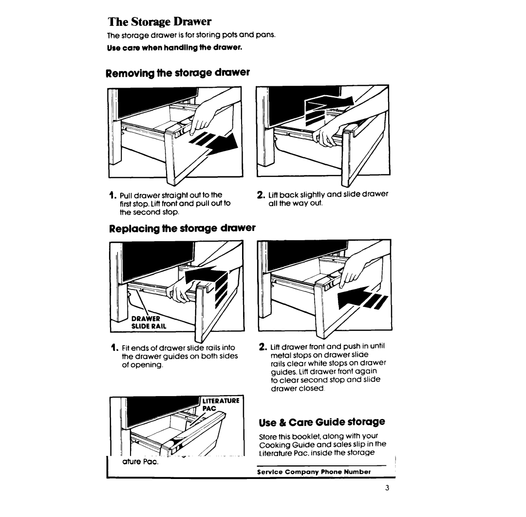 Whirlpool RF385PCV manual Storage Drawer, Removing the storage drawer, Replacing the stomge dmwer, Use & Care Guide storage 