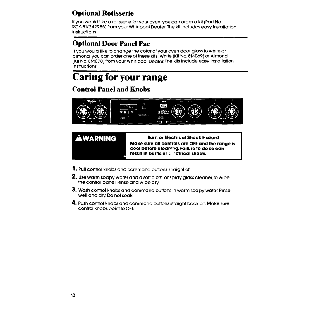 Whirlpool RF385PCV manual Optional Rotisserie, Optional Door Panel Pat, Control Panel and Knobs 