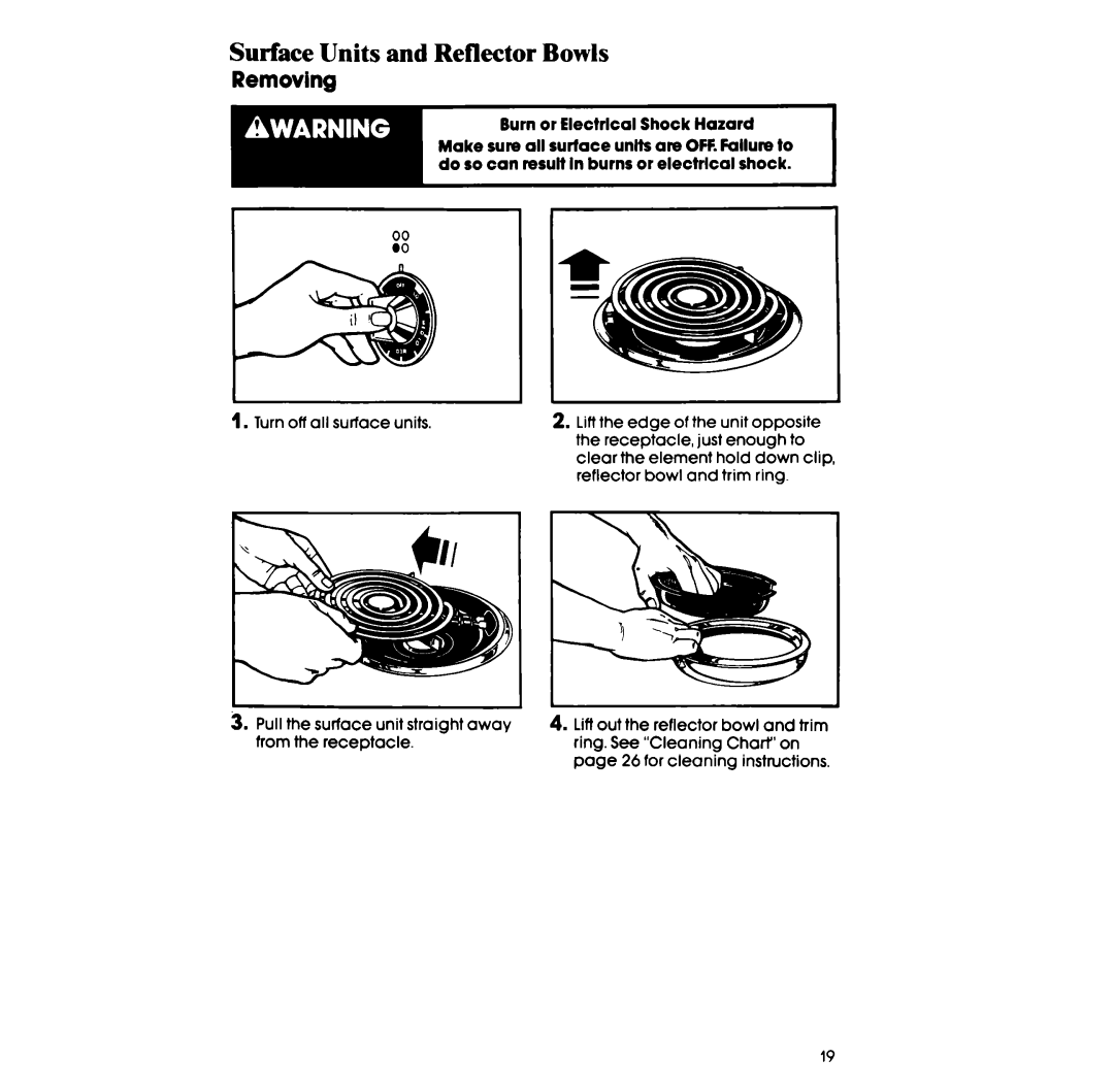 Whirlpool RF385PCV manual Surface Units and Reflector Bowls, Removing 