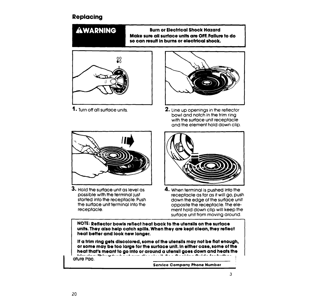 Whirlpool RF385PCV manual Replacing, Make sure ail surtace units are OFF.Failure to do 