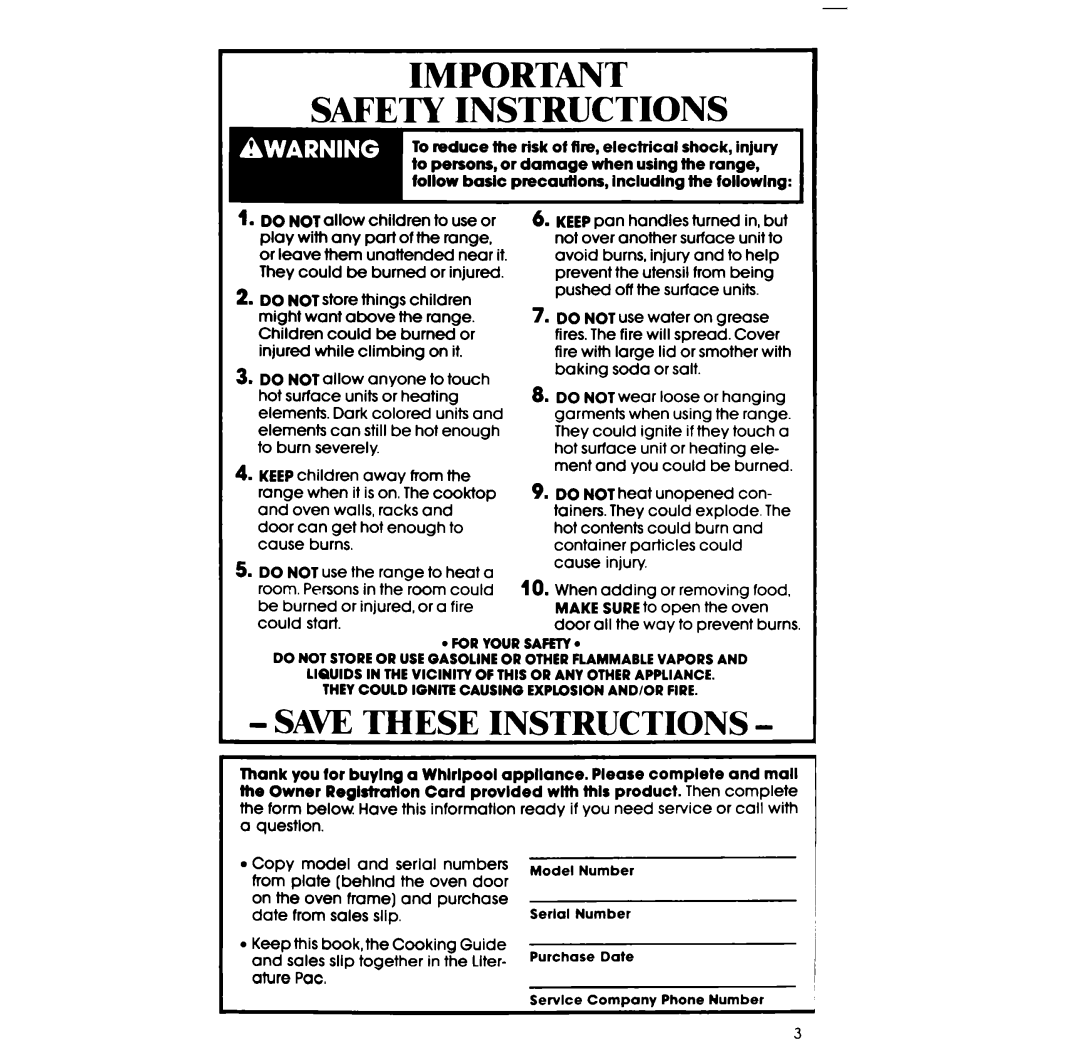 Whirlpool RF385PCV manual Safety Instructions 