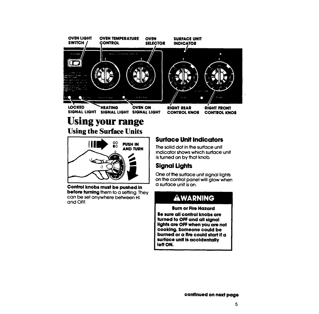 Whirlpool RF385PCV manual Using the Surface Units, Surface Unit Indicators, Signal lights 