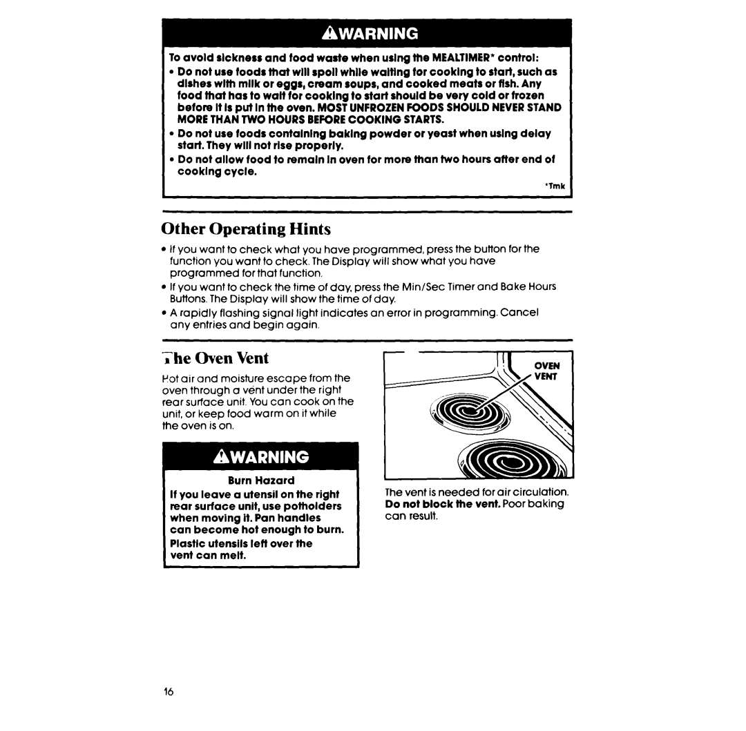 Whirlpool RF385PCV manual Other Operating Hints, The Oven Vent 
